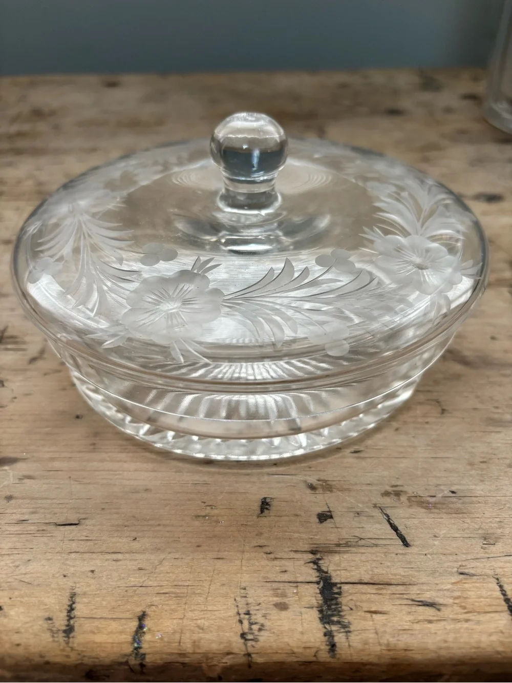 Vintage Hand Wrought Aluminum Handled Basket w/ Clear Etched Glass Covered Dish